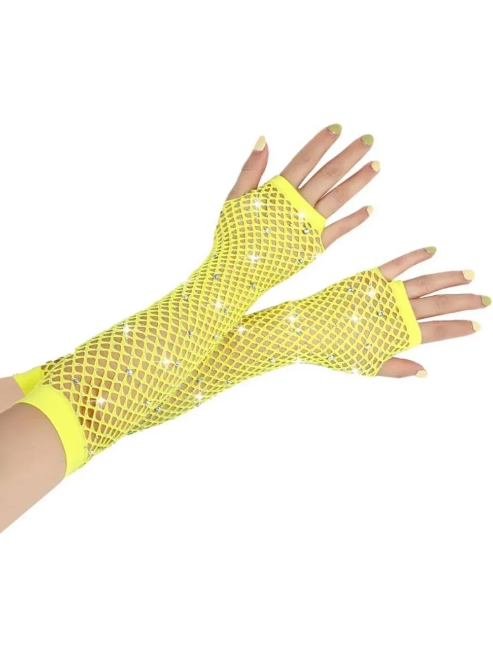 Women's Yellow Long Fishnet Fingerless Gloves Nylon Rhinestone 80s Party Cosplay